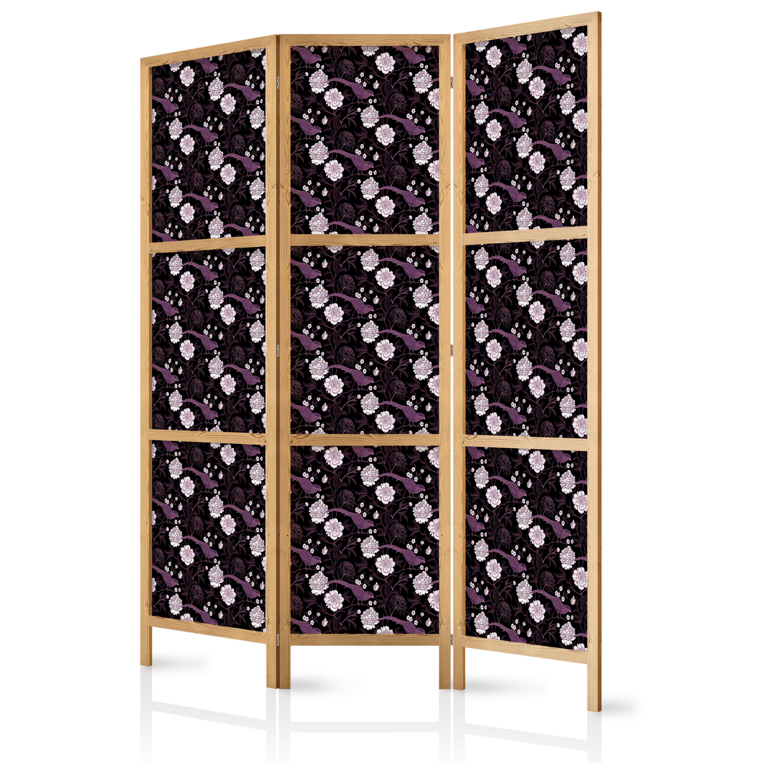 PARAVENT Japanischer 3-tlg 135x172 cm Blumen Und V gel - Schwarz, Holz/Textil (135/172/3cm) - Muralo