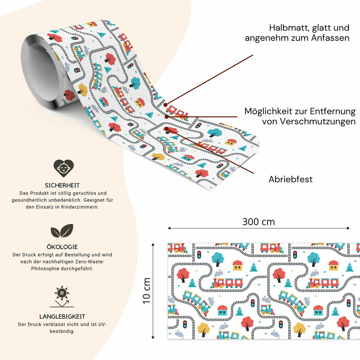 TAPETENBORDÜRE selbstklebend für Kinderzimmer ZÜGE Lokomotiven Bäume - Blau/Rot, Papier (10/300/300cm) - Muralo