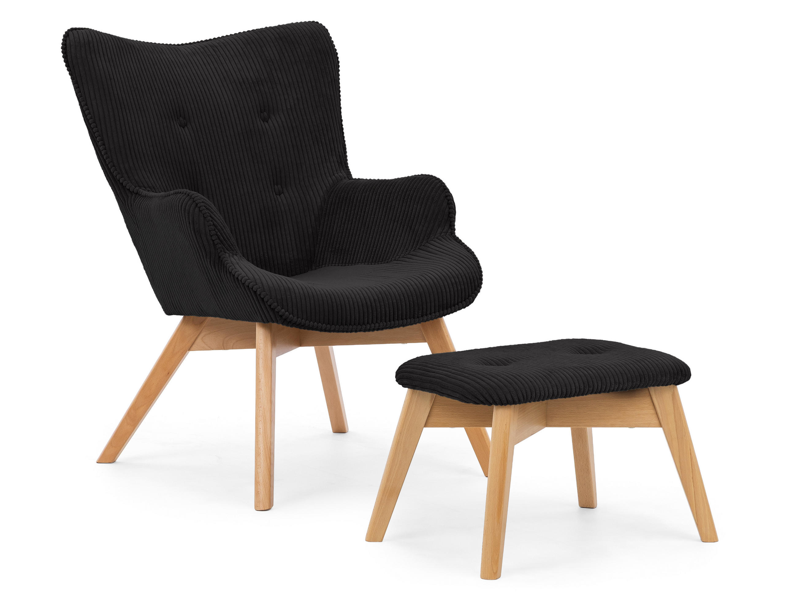 LOUNGESESSEL mit Fußhocker Lenari Schwarz Cordstoff mit Füßen in Natur - Schwarz/Naturfarben, Holz/Textil (71/96/86cm) - S-Style Möbel