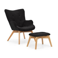 LOUNGESESSEL mit Fußhocker Lenari Schwarz Cordstoff mit Füßen in Natur - Schwarz/Naturfarben, Holz/Textil (71/96/86cm) - S-Style Möbel