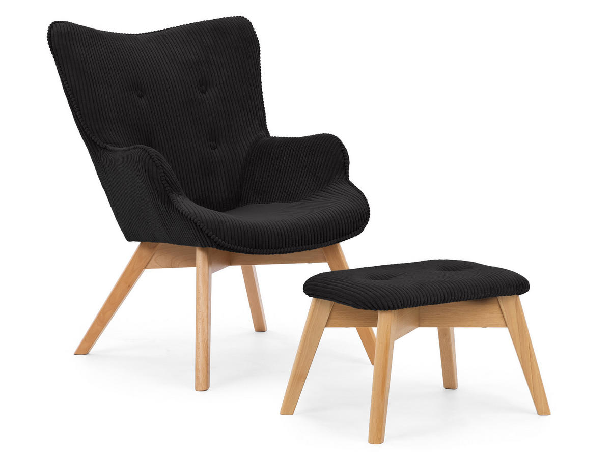 LOUNGESESSEL mit Fußhocker Lenari Schwarz Cordstoff mit Füßen in Natur - Schwarz/Naturfarben, Holz/Textil (71/96/86cm) - S-Style Möbel