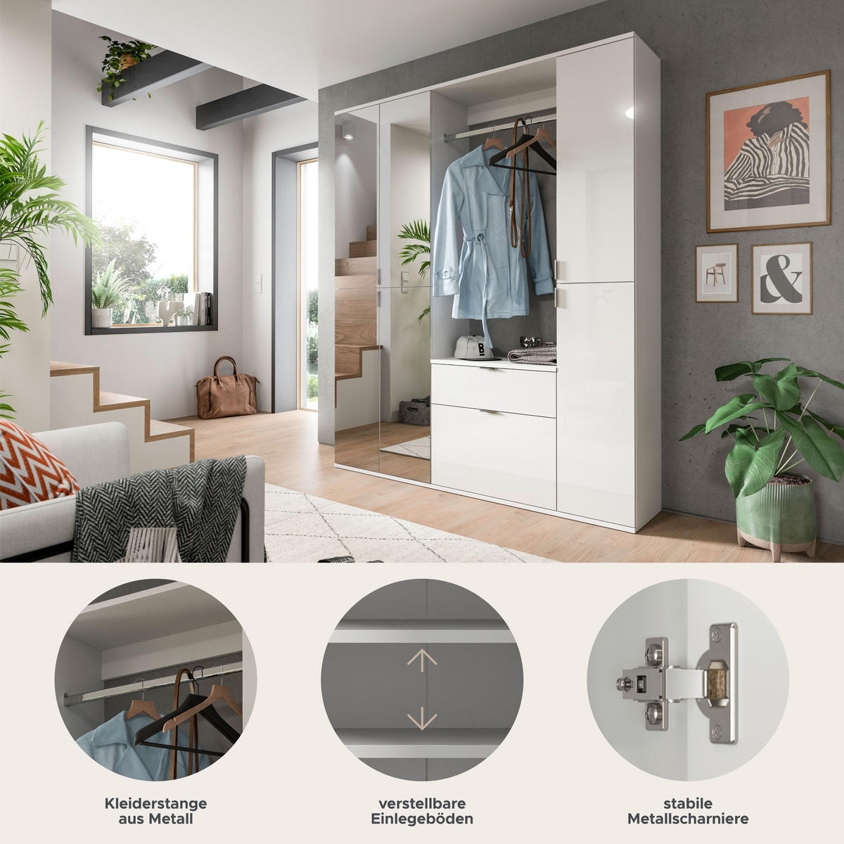 GARDEROBENKOMBINATION 4tlg. Projekt X Garderobe in weiß Nb. und weiß hochglanz B/H/T: 152x193x34 cm - Weiß, Holzwerkstoff (152/193/34cm)