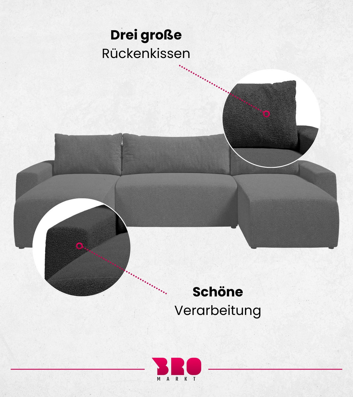 WOHNLANDSCHAFT Plush mit Schlaffunktion Anthrazit Boucle - Anthrazit, Kunststoff/Textil (315/72/145cm) - Bromarkt