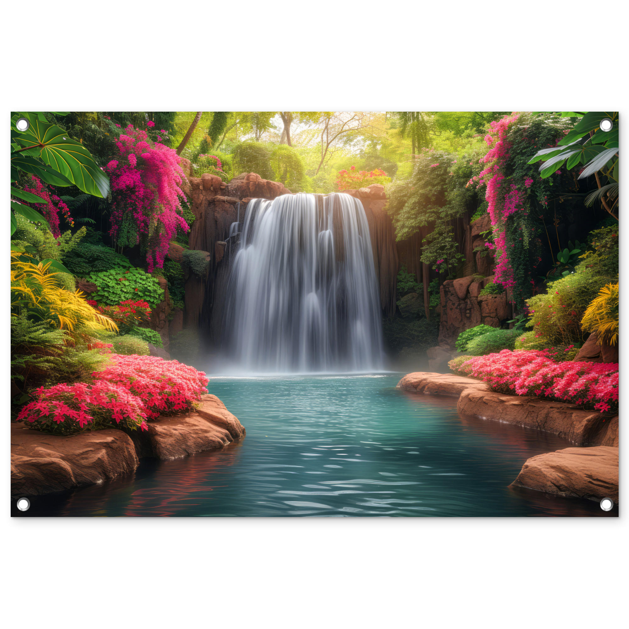 GARTENPOSTER Wasserfall - Natur - Pflanzen - Dschungel - Wasser 90x60 cm - Grün, Kunststoff (90/60/0.2cm) - OnlyWow