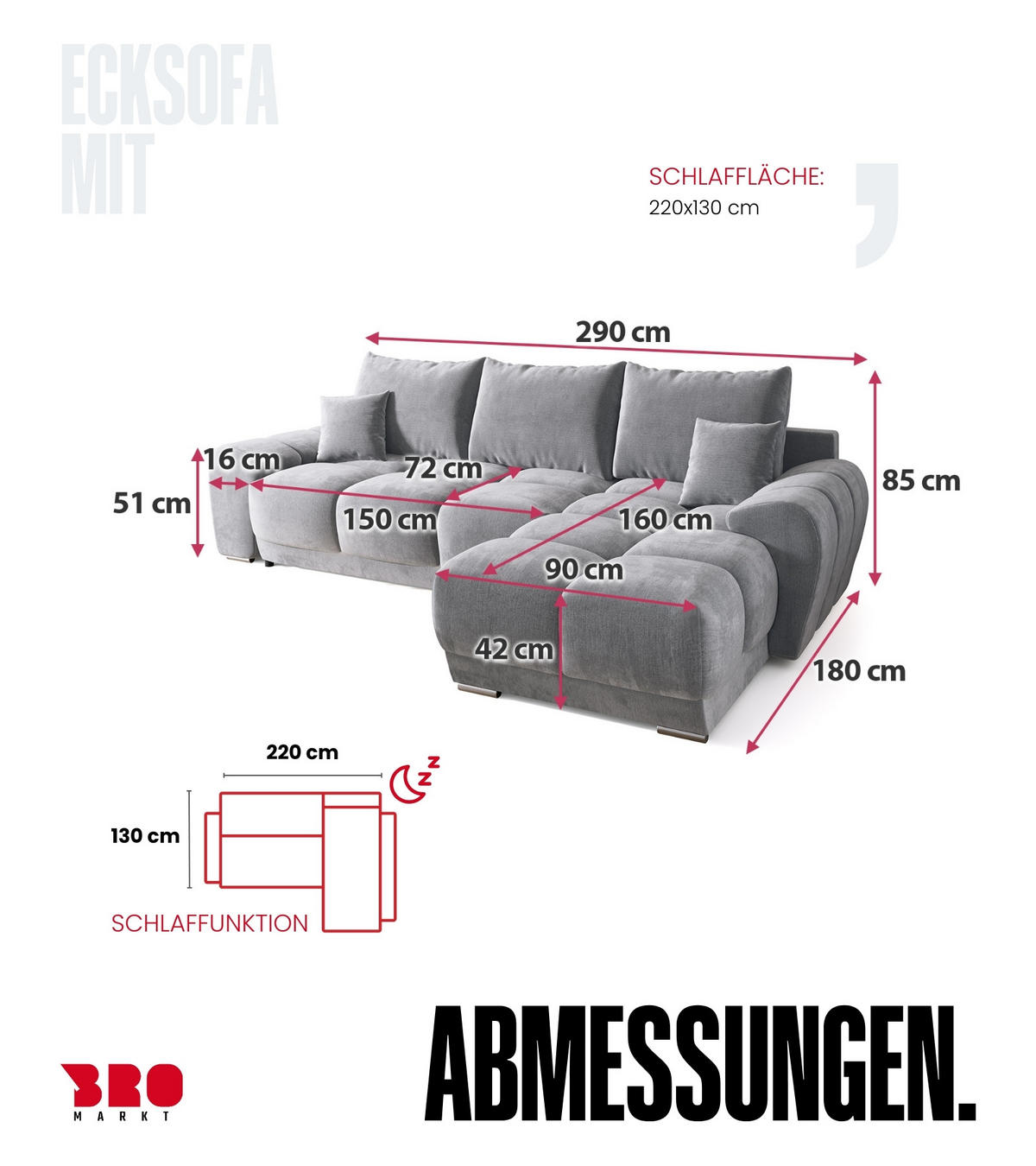 ECKSOFA Nubes mit Schlaffunktion Graphit Plüsch - Silberfarben/Graphitfarben, Kunststoff/Textil (290/180cm) - Bromarkt
