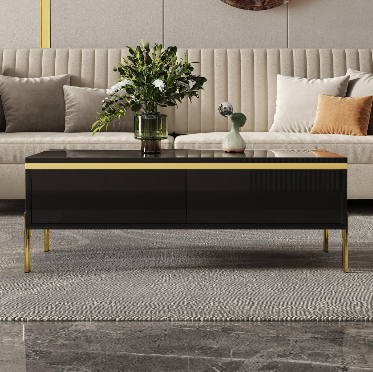 COUCHTISCH 100/50/36 cm mit doppelseitigen Schubladen, Hochglanz-Oberfläche und Metallbeinen, Schwarz - Schwarz, Holzwerkstoff (100/50/36cm) - Redom