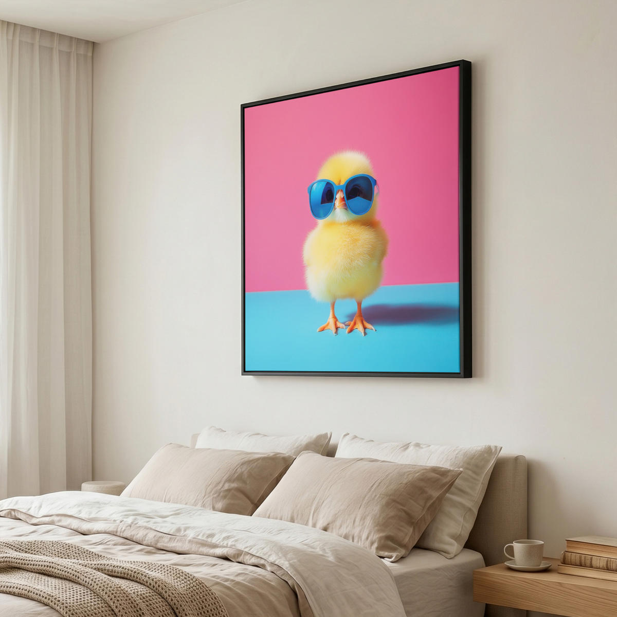 LEINWAND Bilder mit Rahmen - Chick - Sonnenbrille - Blau - 90x90 - Pink, Textil (90/90cm) - MuchoWow
