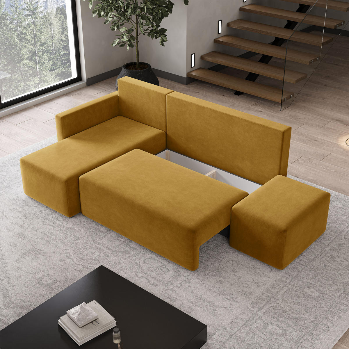 ECKSOFA VELOTTI L-S Gelb Plüsch-Stoff mit Schlaffunktion - Gelb, Holz (261/143cm) - MASSENO