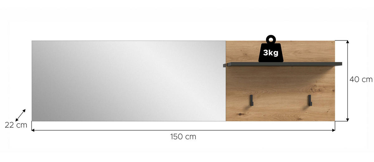 GARDEROBENPANEEL INKL. SPIEGEL Canu Artisan 150/22/40 cm - Grau, Holzwerkstoff (150/40/22cm) - Xonox