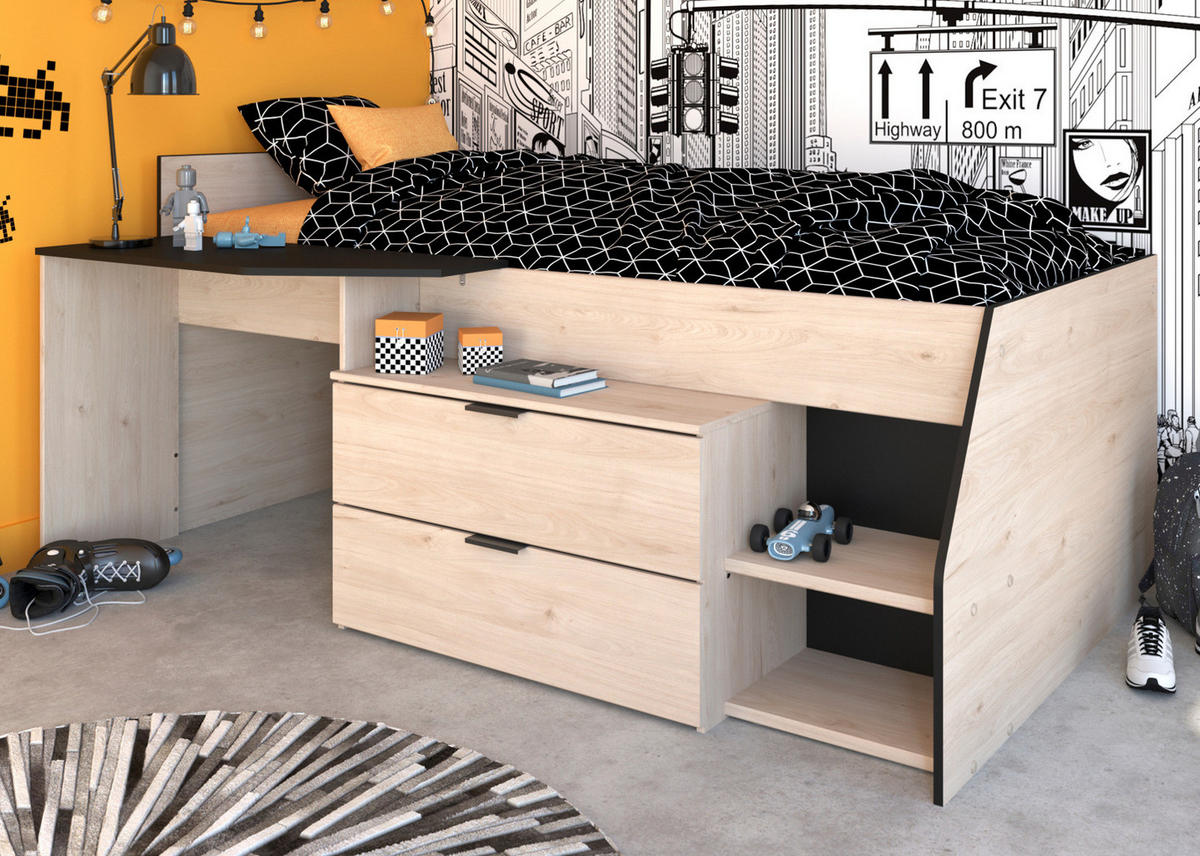 HOCHBETT Jugendzimmer Bett 90 x 200 cm 2x Schubkasten, Stauraum - Eichefarben/Schwarz, Holz/Holzwerkstoff (90/200cm) - Parisot Meuble