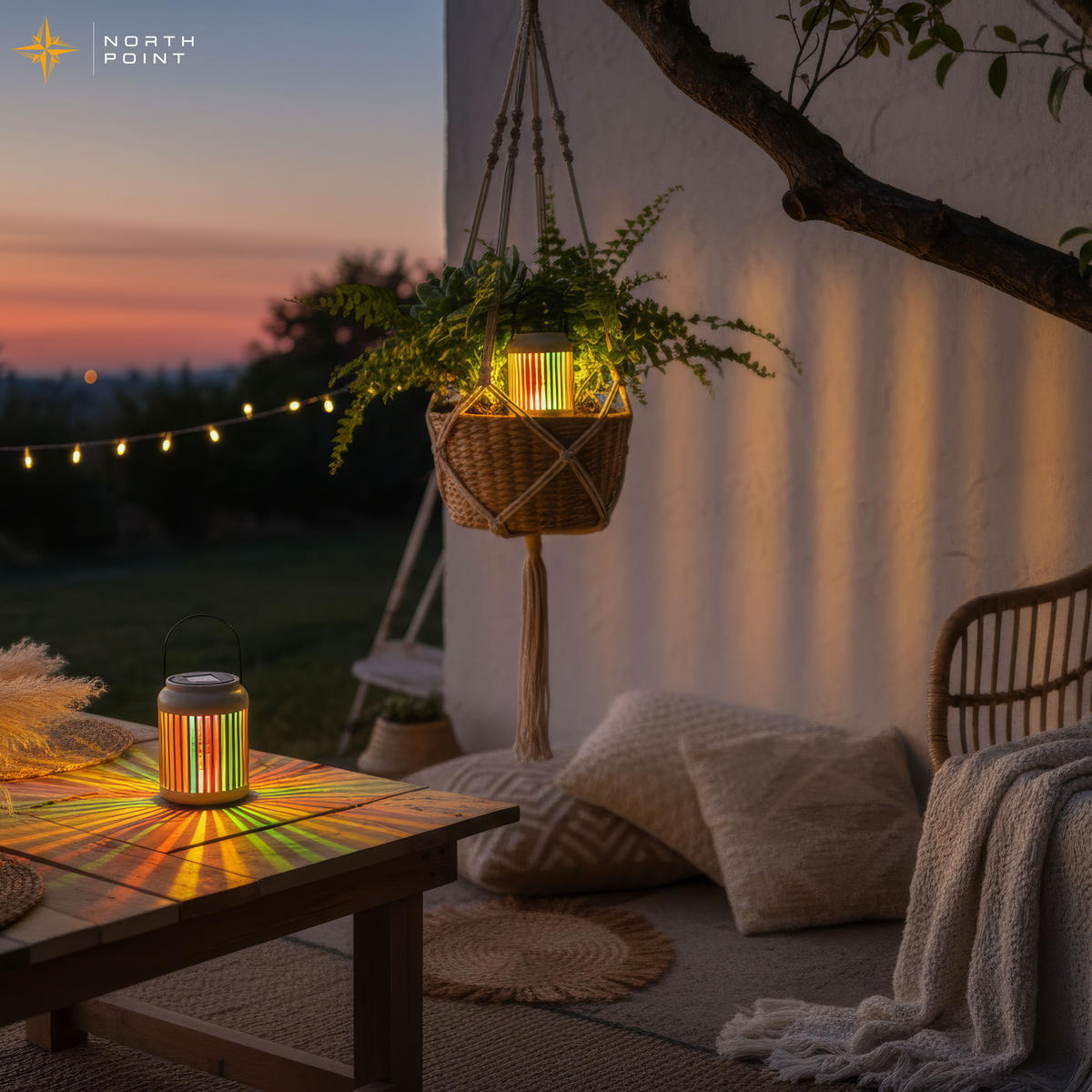 LED-GARTENLEUCHTE Solarleuchte 2er-Set mit Regenbogeneffekt Dämmerungssensor IP44 wetterfest mit Aufhängung tragbar warmweiß 3000K - Beige, Kunststoff (12/12/25cm) - Northpoint