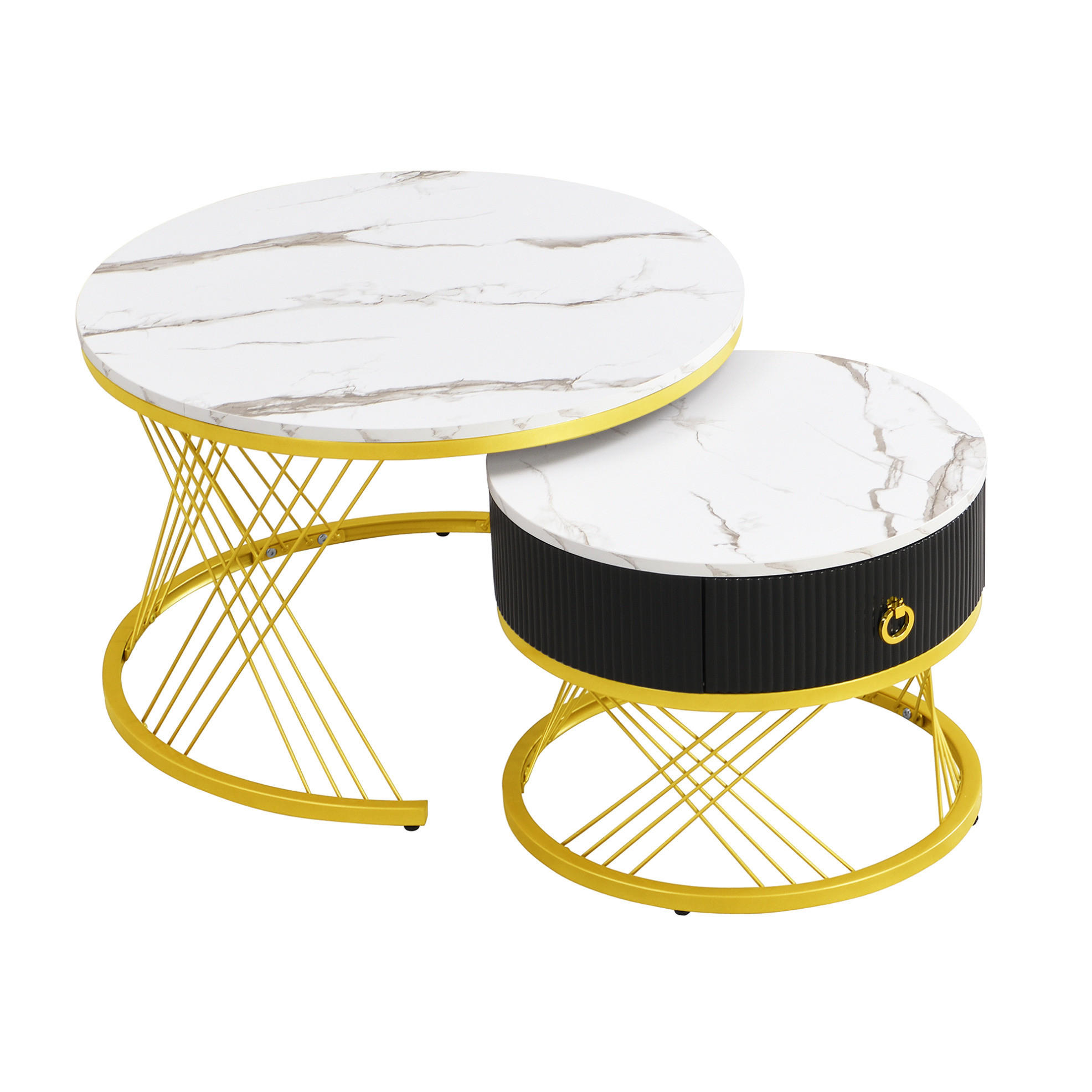 COUCHTISCH 70/70/45 cm und 50/50/40 cm in Weiß/Gold aus MDF mit Schublade - Weiß, Holzwerkstoff (70/70/45cm) - OKMYHOME