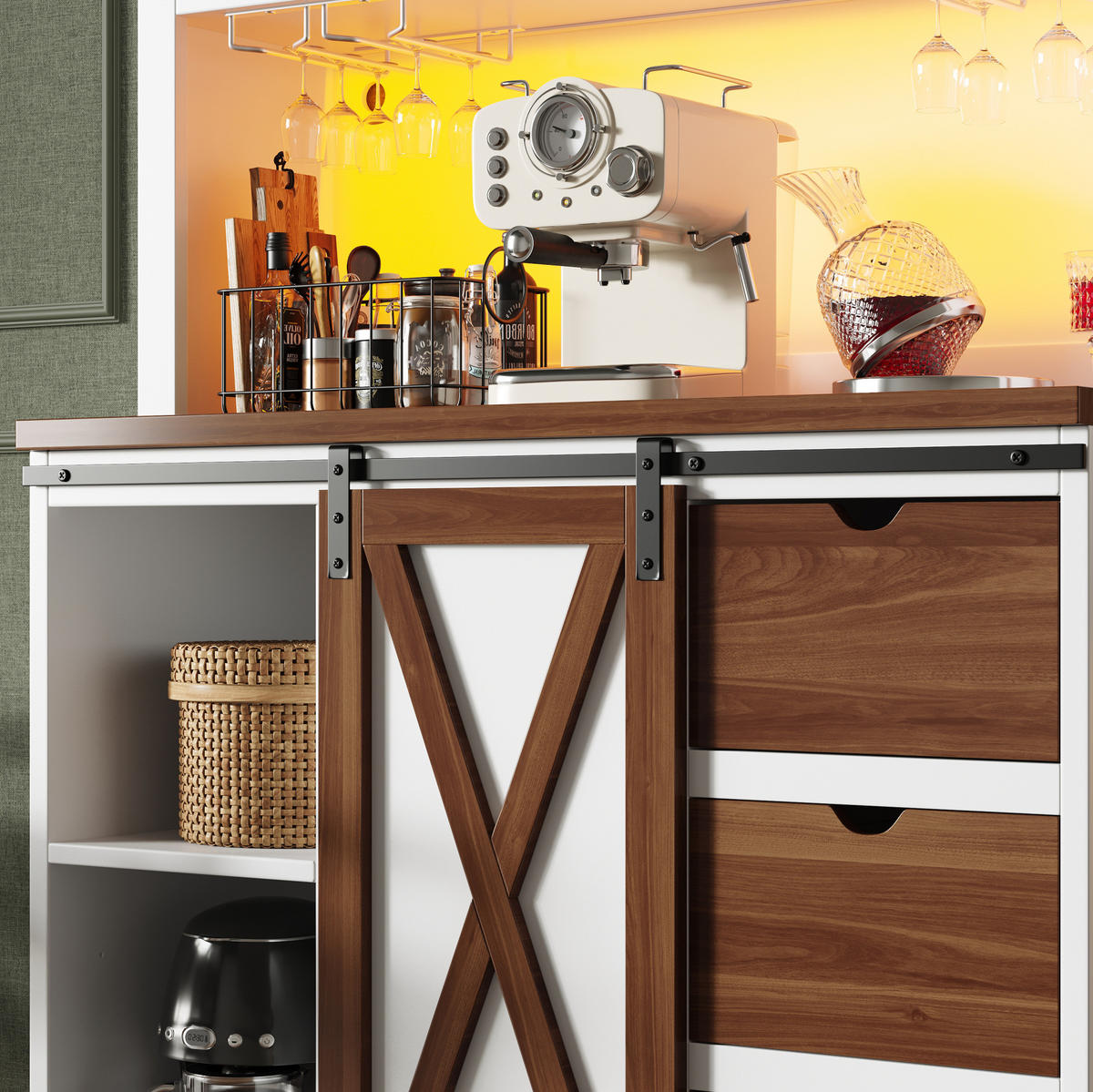 BUFFETSCHRANK 104/40/180 cm mit LED-Beleuchtung, App-Steuerung und Schiebetür mit Glasfront, Weiß - Weiß, Glas (104/180/40cm) - Redom