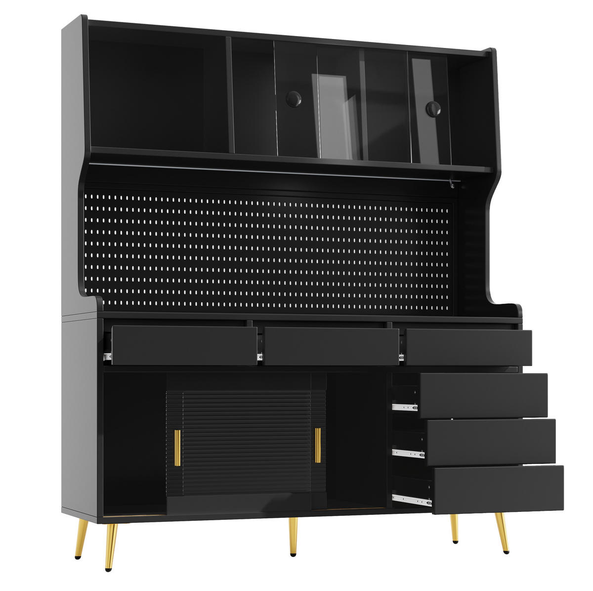 BUFFET 145/39/171 cm schwarz aus MDF und Glas mit LED-Beleuchtung - Schwarz, Holzwerkstoff (145/171/39cm) - OKWISH