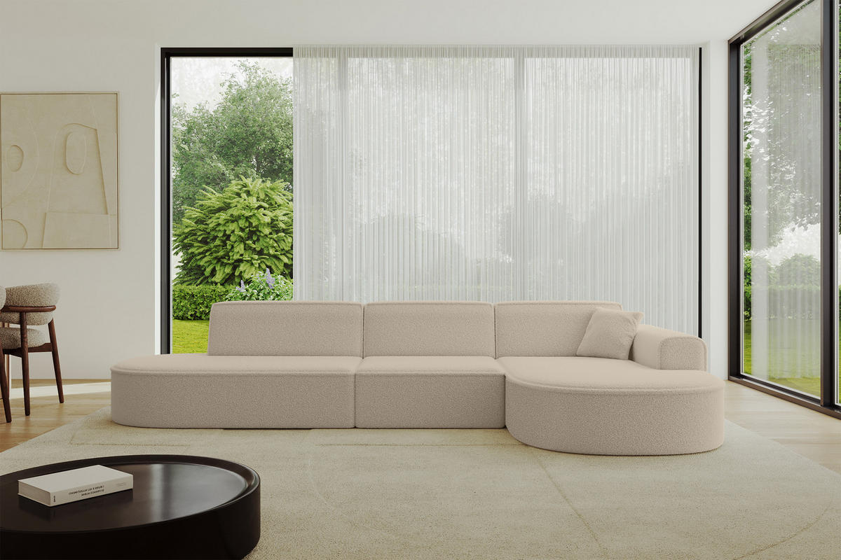 ECKSOFA Ottomane Rechts MARI-L2 - 328x171x79 cm Dunkelbeige Bouclé - Hellbraun/Schwarz, Holzwerkstoff/Kunststoff (171/328cm) - ALTDECOR