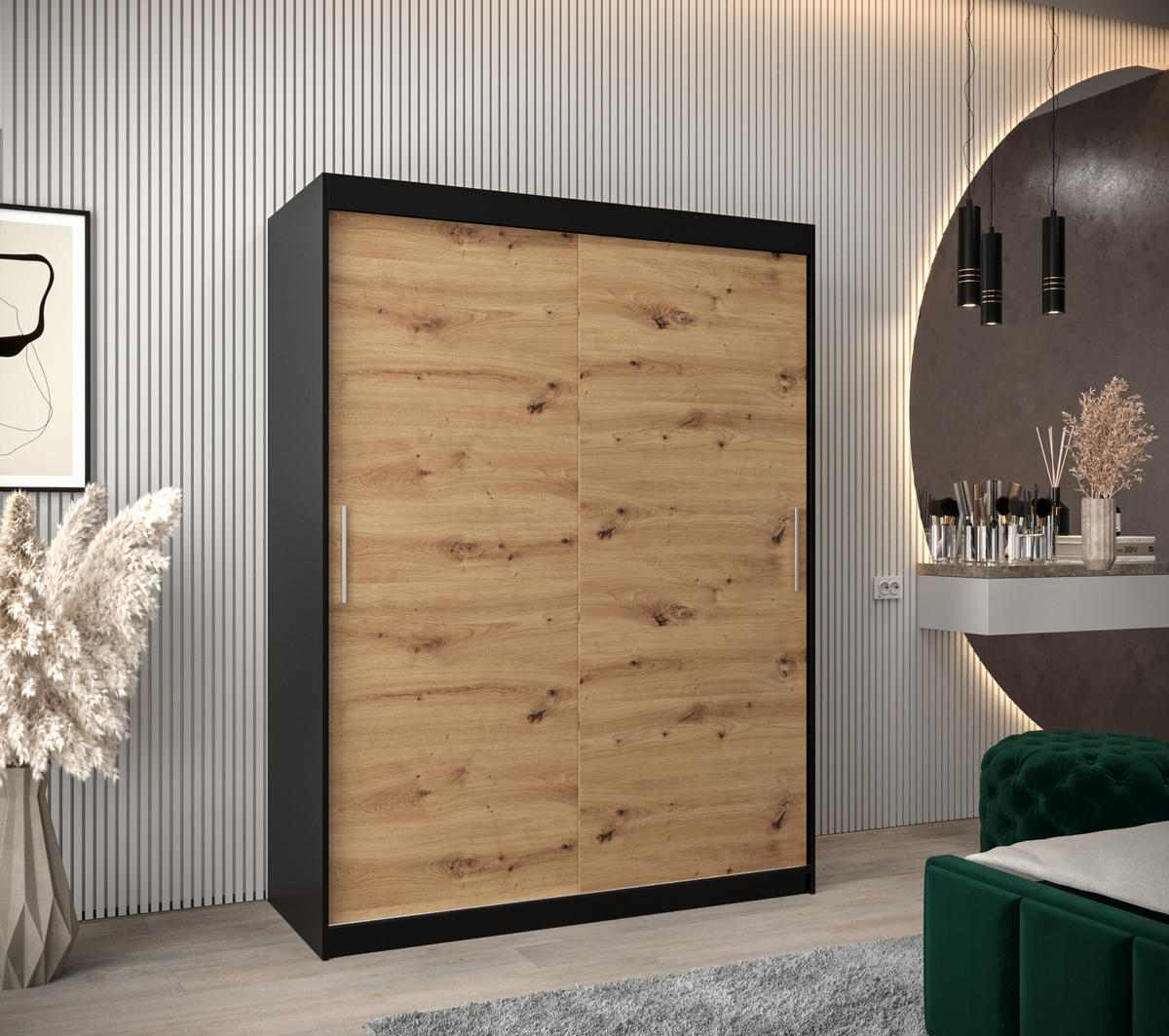 SCHWEBETÜRENSCHRANK 200/180/62 2-türig - Silberfarben/Schwarz, Holz/Kunststoff (180/200/62cm) - Abiks Möbel