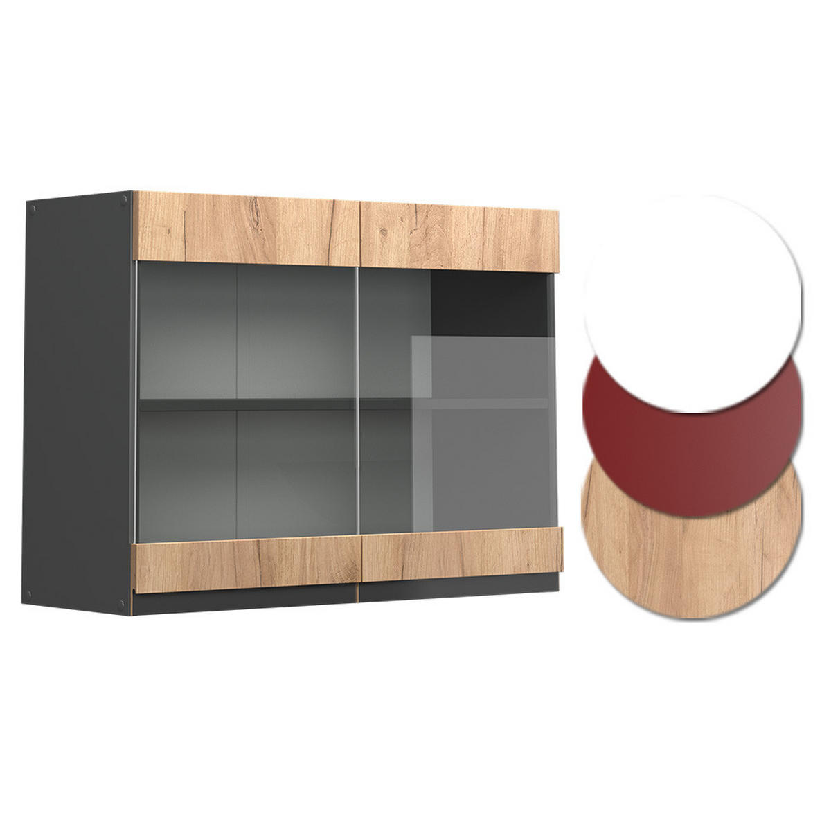 KÜCHENGLASSCHRANK R-Line Goldkraft Eiche 80 cm J-Shape - Anthrazit/Eiche Wotan, Holzwerkstoff (80/60/31cm) - Vicco