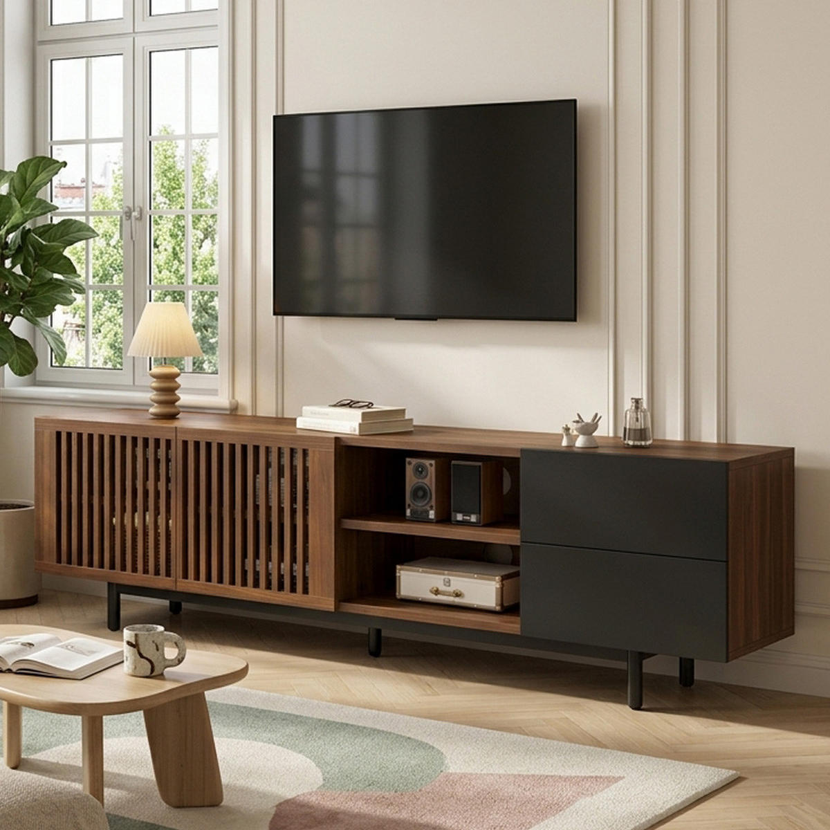 TV-LOWBOARD Walnuss & Schwarz 160cm mit Lamellentüren und 2 Schubladen - Walnussfarben, Holzwerkstoff (160/50/38cm) - Urban Meuble
