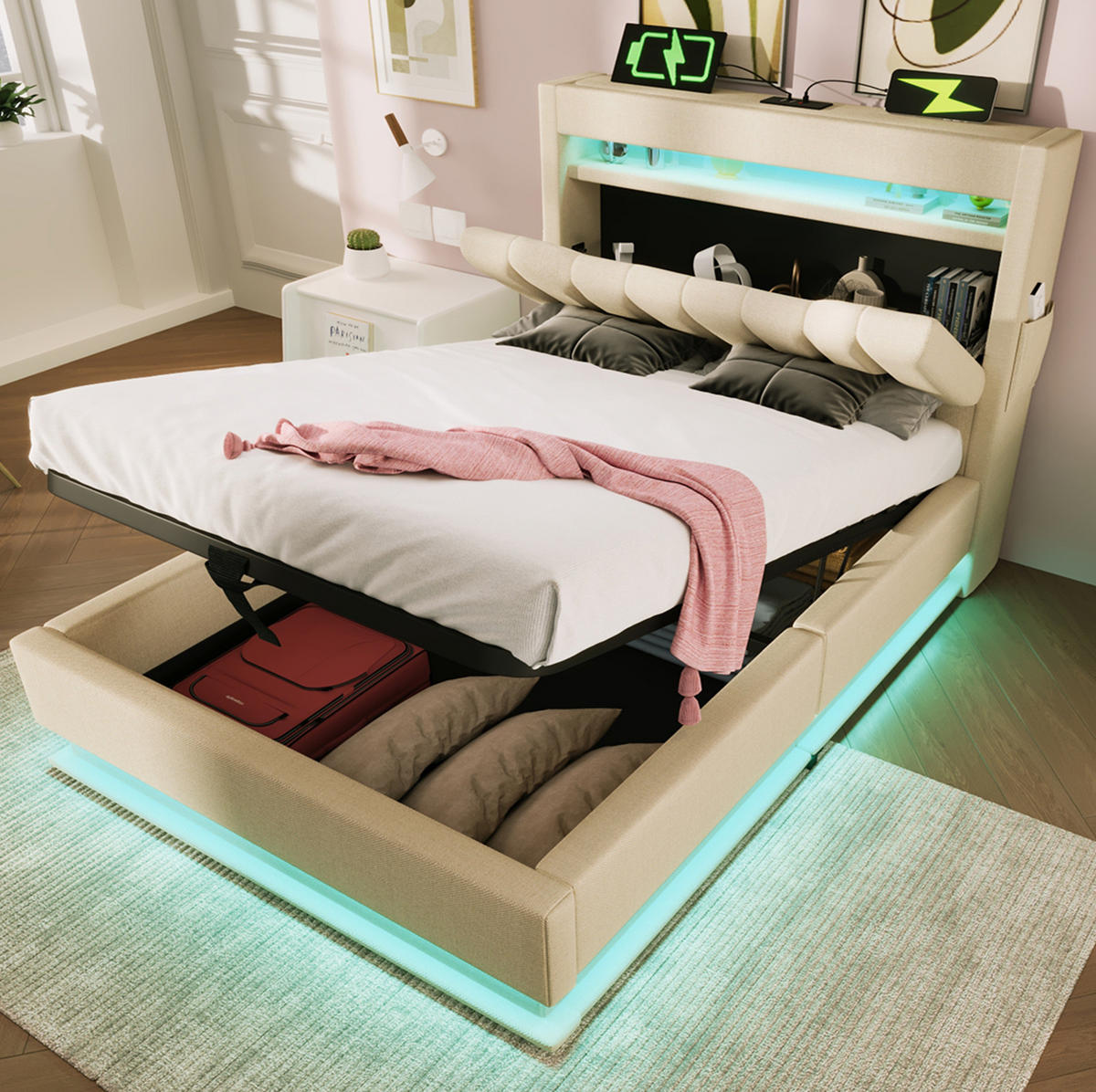 BETT mit Stauraum und LED 90x200 cm Leinen Beige - Beige, Metall (90/200cm) - Beauniv