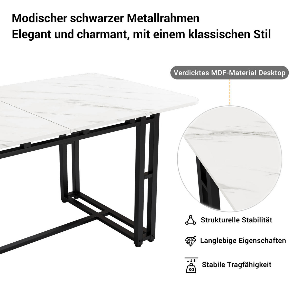ESSTISCH MDF mit Schwarzen Metallgestell, 140/80/74 cm, Schwarz/Weiß - Schwarz, Holzwerkstoff (140/80/74cm) - Redom