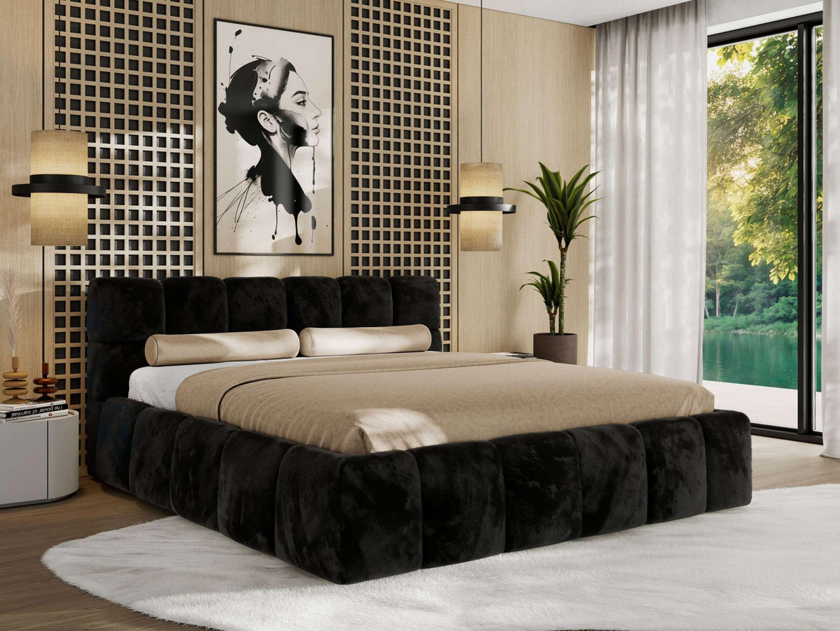 POLSTERBETT NIRA CLASSIC 180/200 - Schwarz Plüsch - Multipocket-Matratze - Schwarz, Textil (180/200cm) - MKS