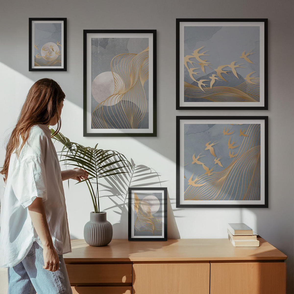 BILDER SET 5er Set - 50x50 cm & 20x30 cm & 40x60 cm Schwarzer Rahmen - Abstrakte Wellenkreise, grau - Schwarz, Kunststoff (40/60cm) - TULUP
