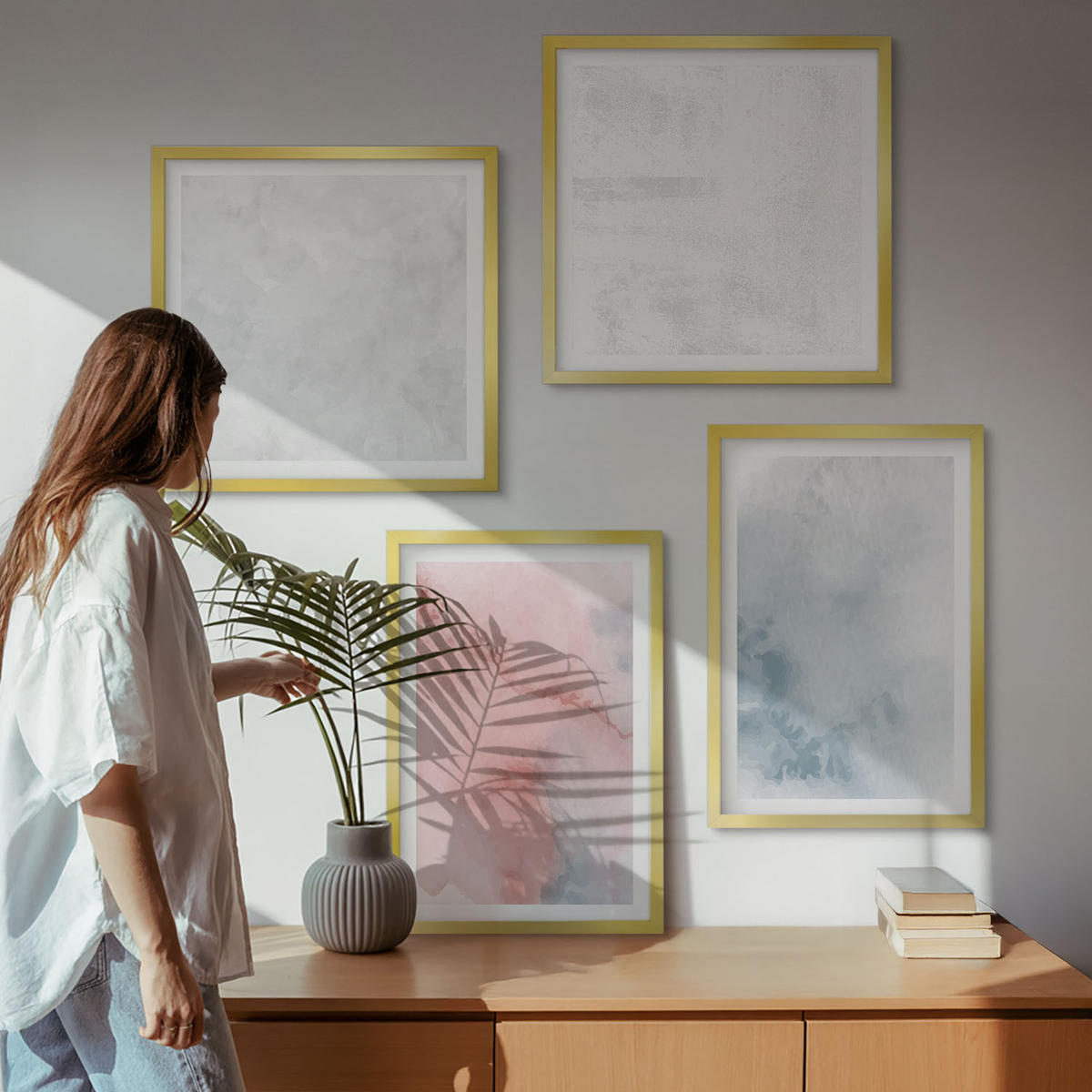 BILDER SET 4er Set - 50x50 cm & 40x60 cm Goldrahmen - Pastellfarbene Aquarelltexturen - Goldfarben, Kunststoff (50/50cm) - TULUP