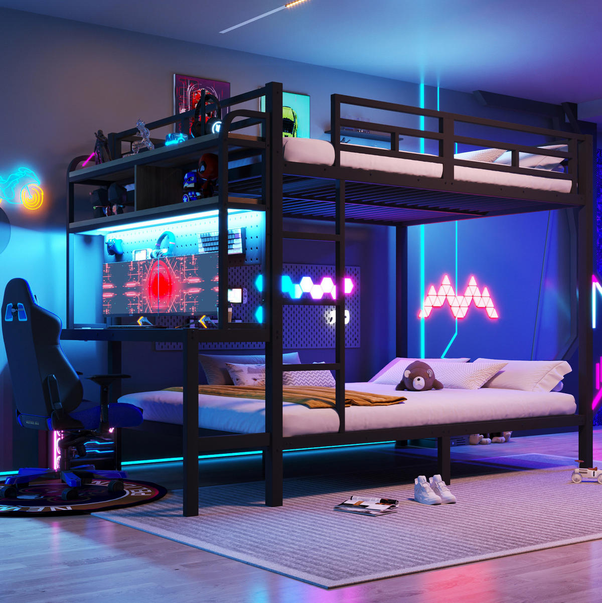 ETAGENBETT aus Metall und MDF 140x200 cm Schwarz mit Schreibtisch, LED-Beleuchtung und USB-Anschluss - Schwarz, Metall (140/200cm) - IVMEU