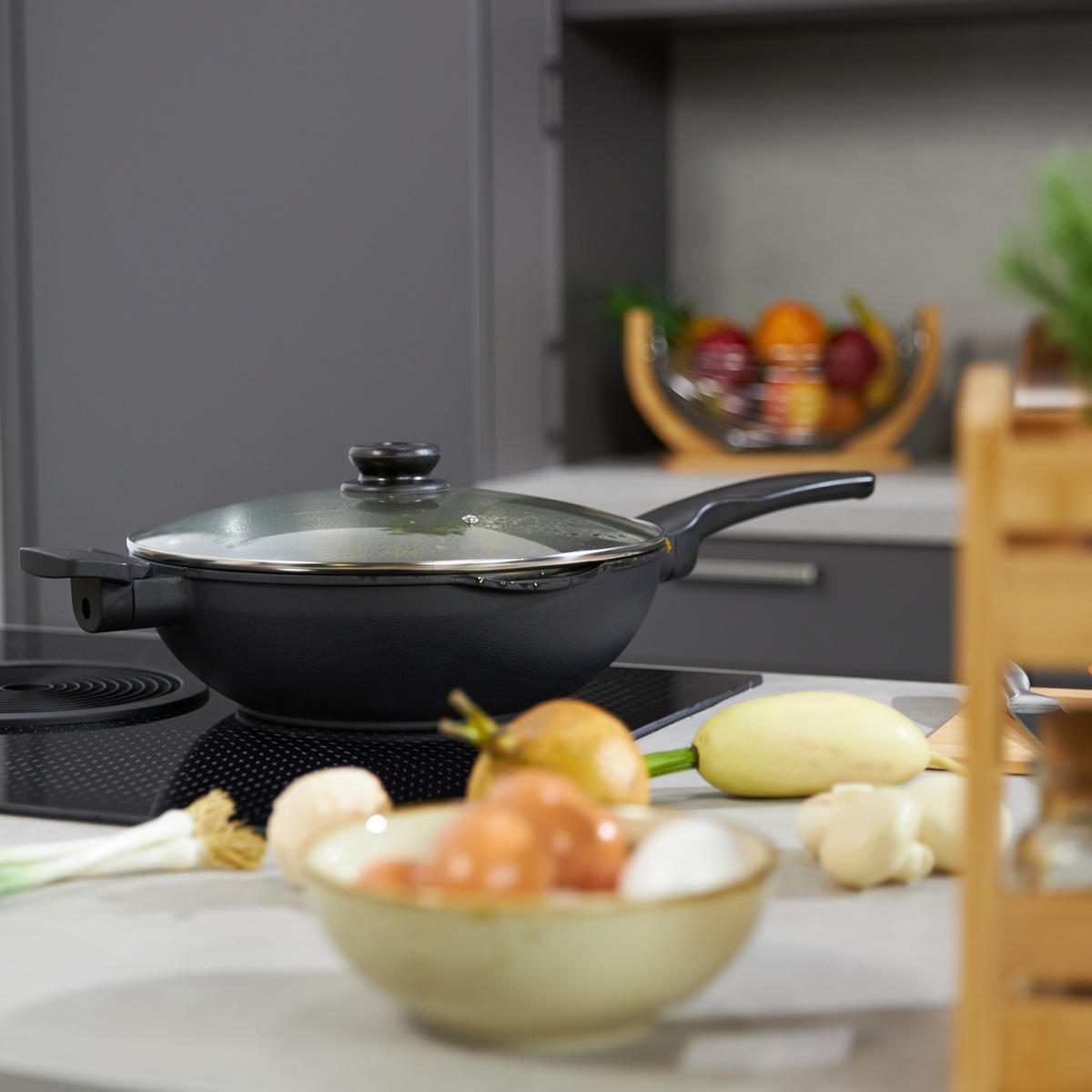 WOKPFANNE - Schwarz, Glas/Kunststoff (31.5/57.5/15cm) - Relaxdays