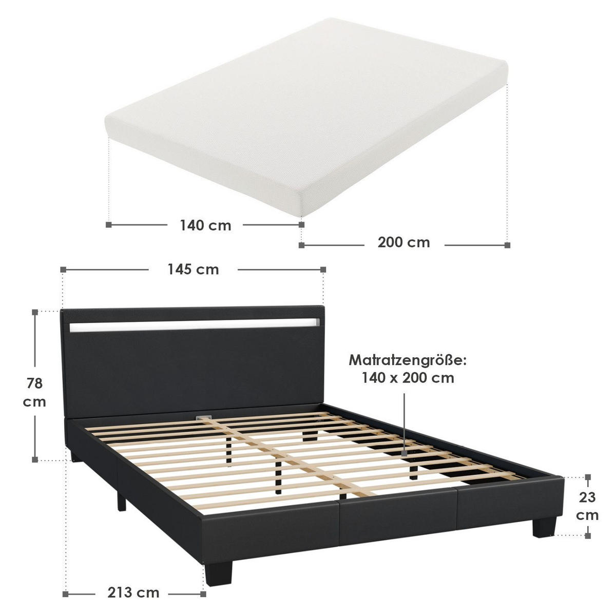 POLSTERBETT Paris schwarz 140x200cm mit Matratze und LED (16 Farben) - Schwarz, Textil (140/200cm) - Juskys