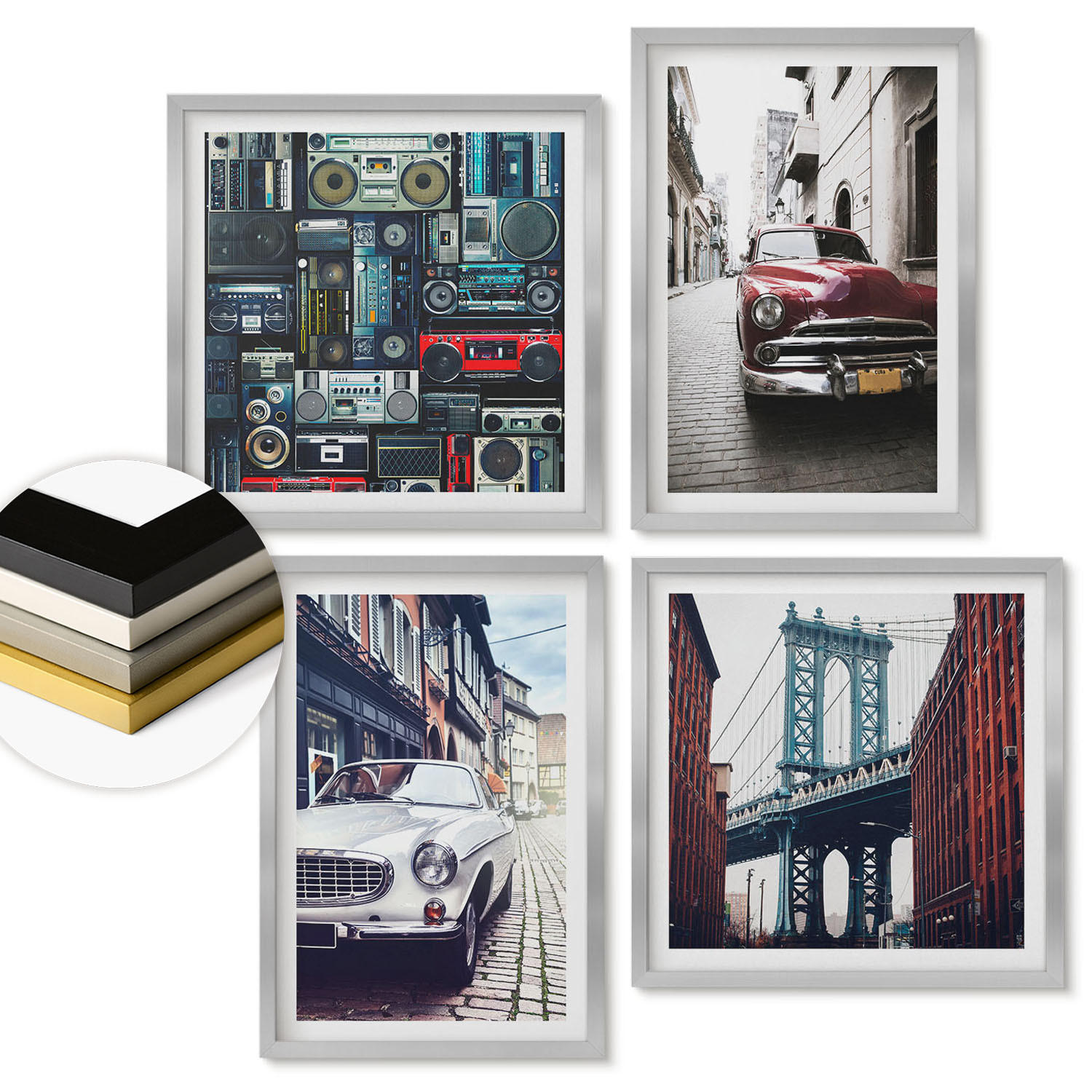WANDBILDER 4er Set - 50x50 cm & 40x60 cm Silberner Rahmen - Old Cars Brooklyn Retro-Audio - Silberfarben, Kunststoff (50/50cm) - ArtPrintCave