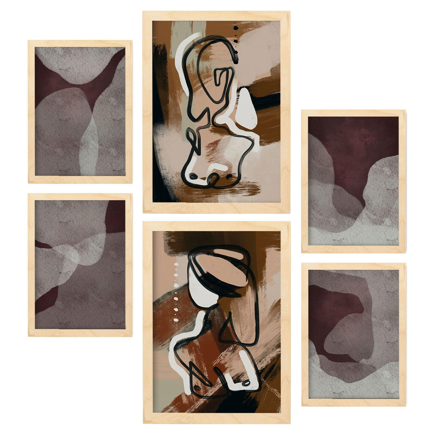 POSTER Set Mit 6 Nachkommenskunst In Weibliche Zusammenfassung Ästhetische Dekorative Gemälde Für Ihr Zuhause A3 & A4 Rahmen Aus Hellem Holz - Beige, Papier (29/3cm) - Nacnic