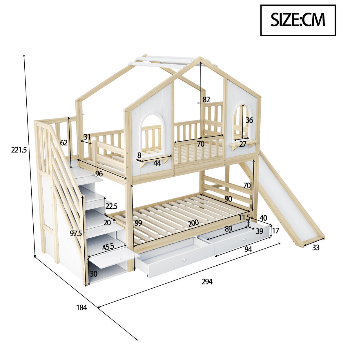 SPIELBETT 90/200 cm DE-01484, in Holzfarbe, mit Rutsche, Aufbewahrungsleiter und 2 Schubladen - Naturfarben, Holz (90/200cm) - ComfortXL