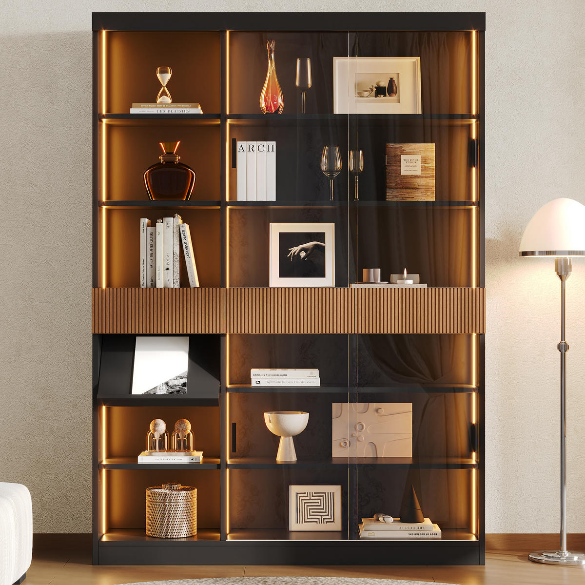 VITRINE 120x28,5x180 cm mit LED und Schiebetüren - Schwarz/Braun, Holzwerkstoff (120/180/28.5cm) - FLIEKS