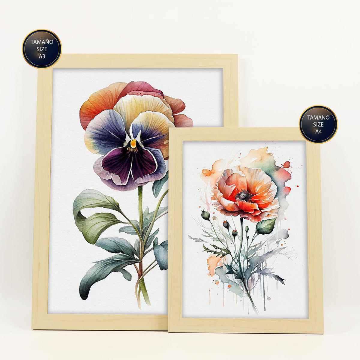 POSTER Set Mit 6 Dunkle Blumen Größe A3 & A4 Rahmen aus hellem Holz - Beige, Papier (29.7/1cm) - Nacnic