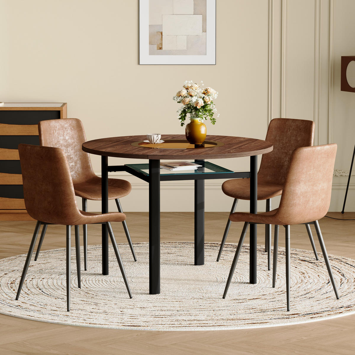 ESSGRUPPE DE-39352 5-teilig, rund mit 4 Stühlen Braun - Braun, Metall (100/76/100cm) - ComfortXL