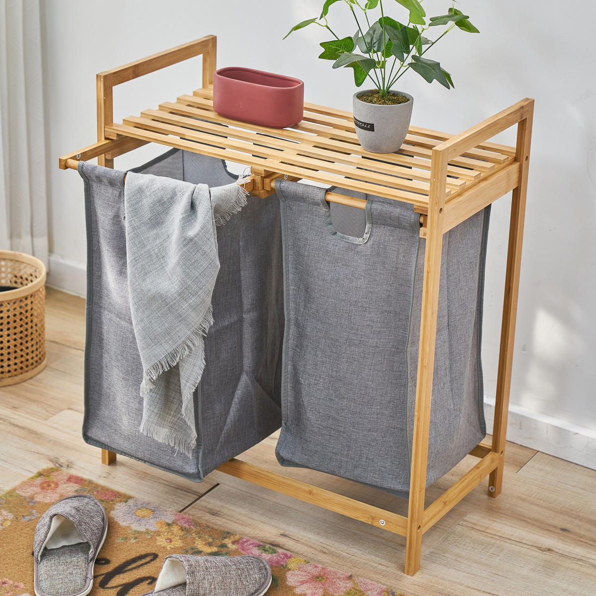 WÄSCHEKORB SULA 2 Fächer Bambus - Hellbraun, Holz (64.5/73/33cm) - SVITA