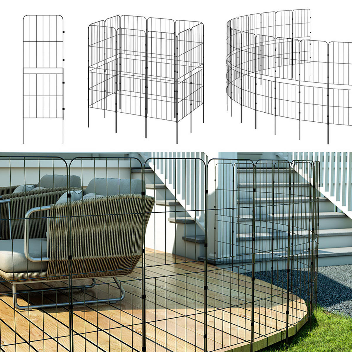 GARTENZAUN 10 Stück aus Metall in Schwarz Abnehmbares Design Robuste Metallkonstruktion je Paneel: 31 cm B × 96 cm H - Schwarz, Metall (31cm) - Livingandhome