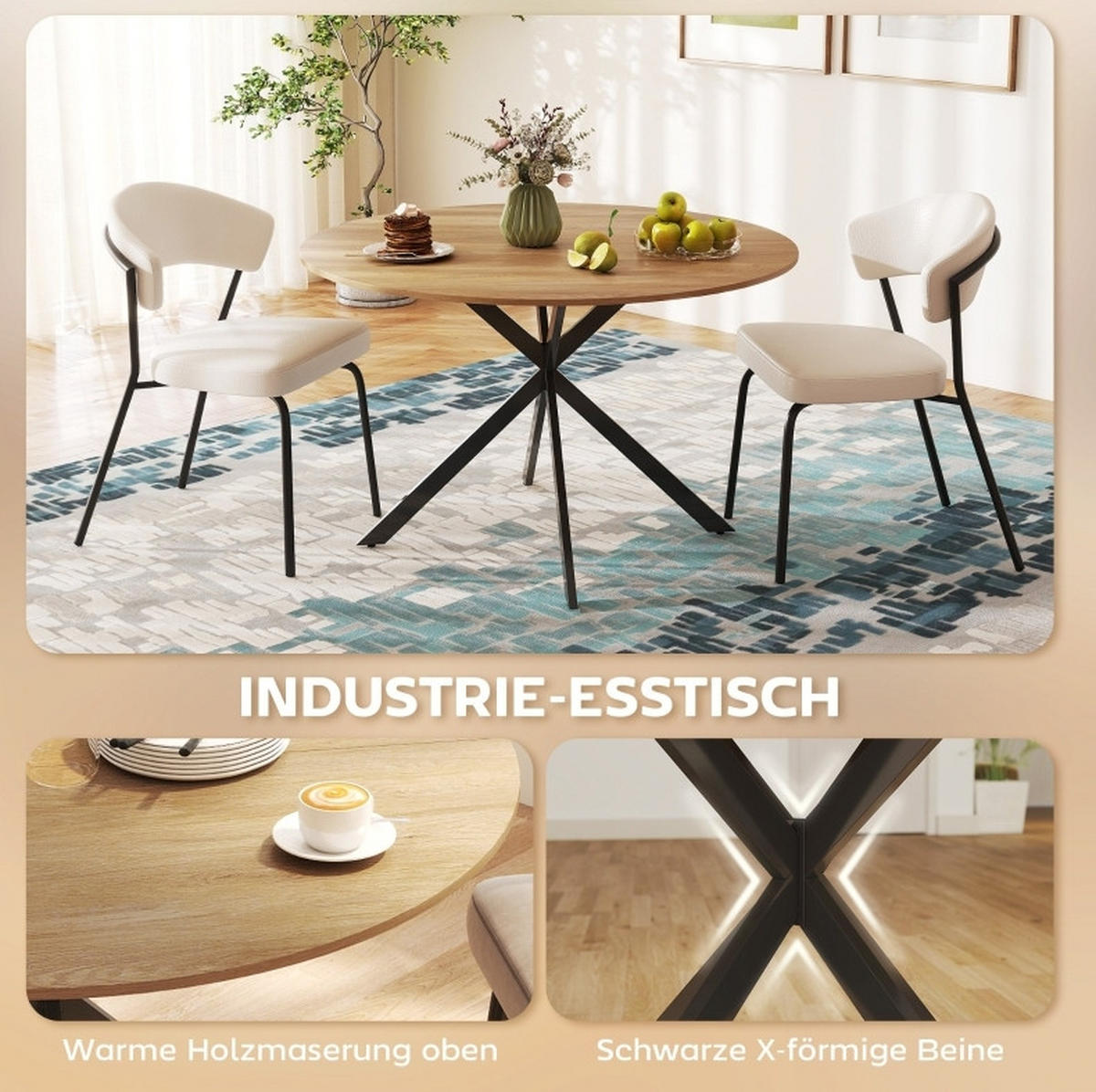 ESSTISCH aus Holz 120x120x75 cm Eiche mit schwarzen Stahlbeinen im Industriestil für 4 Personen - Eichefarben, Holz (120/120/75cm) - Modfu