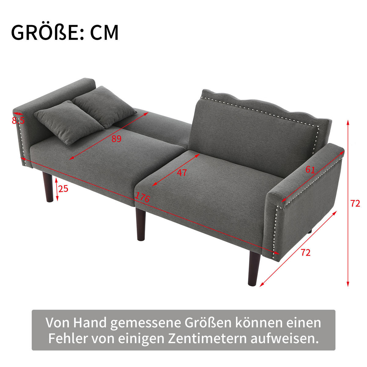 SOFA 2in1 Zweisitzer Liegefunktion Unabhängig Verstellbar Baumwoll-Leinen - Grau, Holz (92.71/19.05/80cm) - FLIEKS