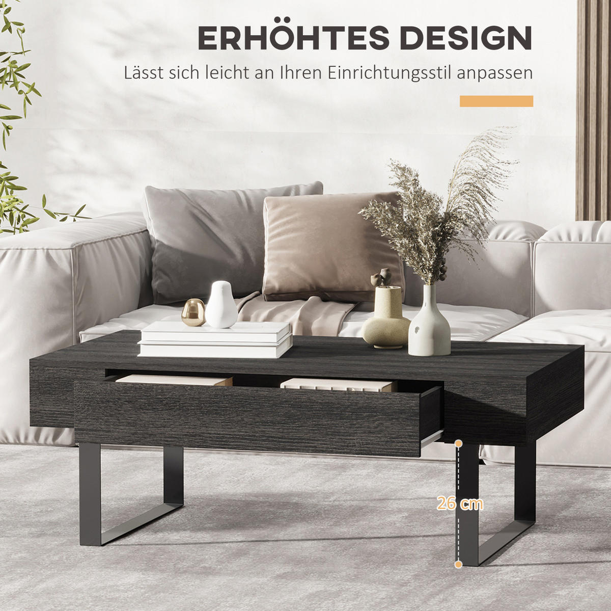 COUCHTISCH 110/60/40 cm mit Schublade und Regal in Dunkelgrau - Grau, Holzwerkstoff (110/60/40cm) - Flora Grace