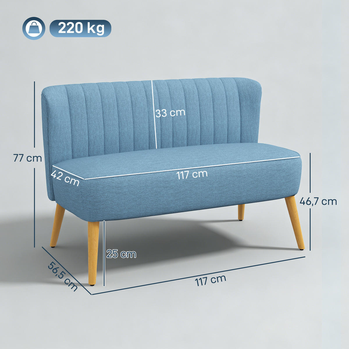 SOFA 2-Sitzer 117/57/77 cm Blau - Blau/Naturfarben, Holz/Textil (56.5/77/117cm) - HOMCOM