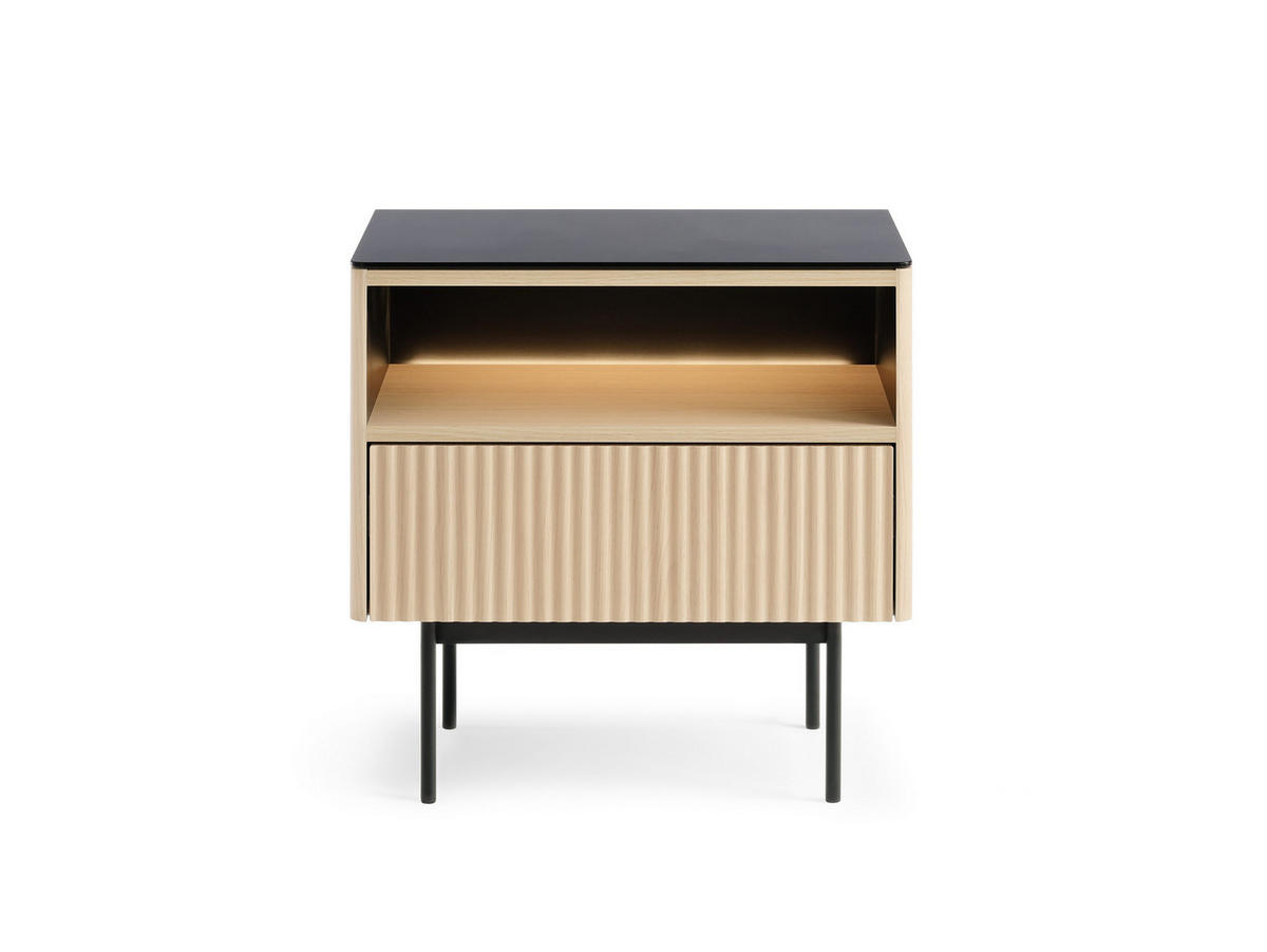 NACHTTISCH Rita Vincenza Eiche, Nachtschrank mit Schublade und LED beleuchtung - Eichefarben/Schwarz, Holzwerkstoff (57/57/39cm) - Bettso
