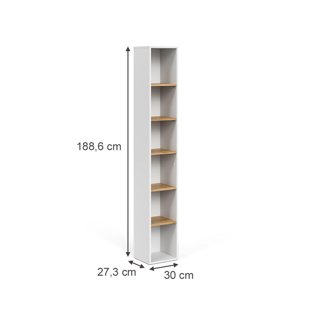 HOCHREGAL Viktor Weiß/Artisan 30 x 188.6 cm - Weiß, Holzwerkstoff (30/188.6/27.3cm) - Vicco