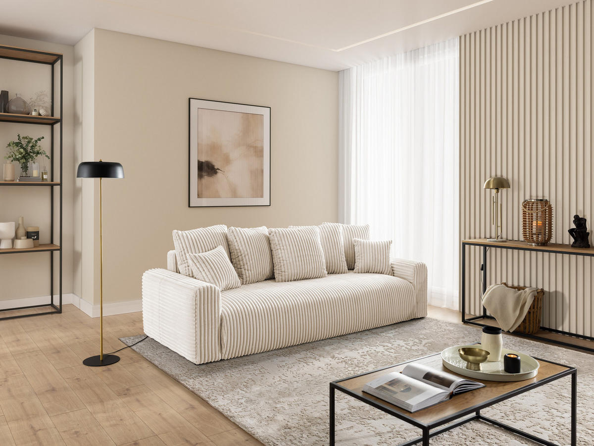 SCHLAFSOFA Calma mit Bettkasten im Bumpy-Design aus weichem Creme Plüschcord - Creme/Schwarz, Holz/Kunststoff (239/88/98cm) - S-Style