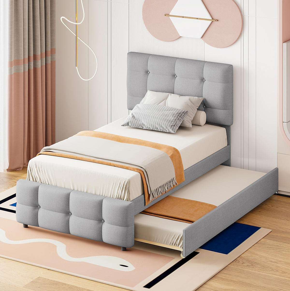 ČALÚNENÁ posteľ z MDF, kovu a ľanovej tkaniny 90x200 cm sivá s výsuvným lôžkom a nastaviteľným čelom - sivá, textil (90/200cm) - Modfu