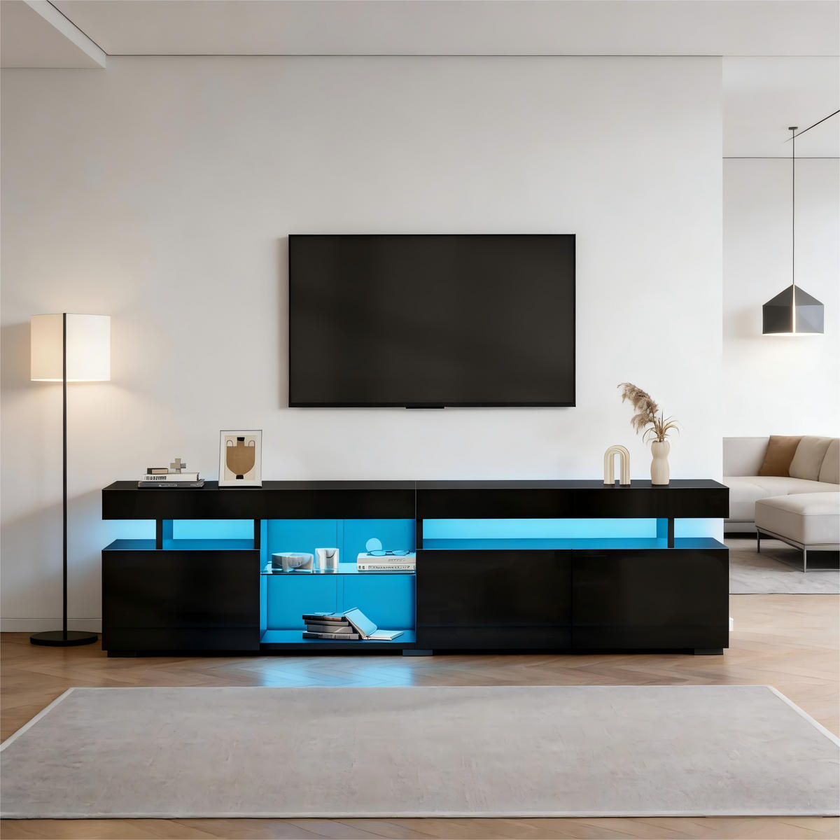 TV-LOWBOARD 180x35x45 cm Schwarz Hochglanz 3 Türen Glas Einlegeböden - Schwarz, Holzwerkstoff (35/45/180cm) - FLIEKS