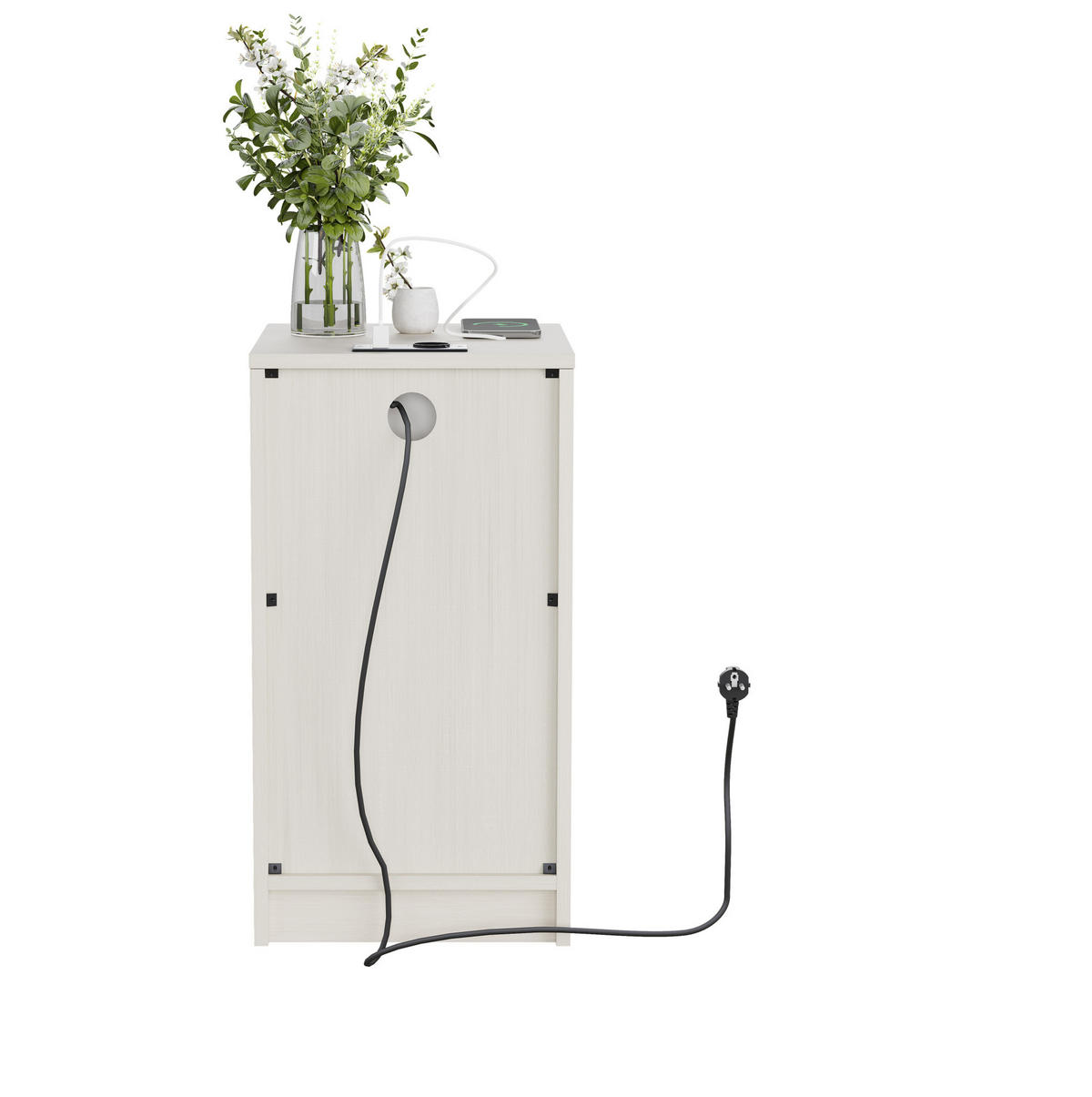 NOČNÍ stolek z MDF 40x33x61.5 cm bílý s USB nabíjením, elektrickou zásuvkou a úložnou zásuvkou, včetně koše - bílá, kompozitní dřevo (30/61.5/40cm) - Modfu