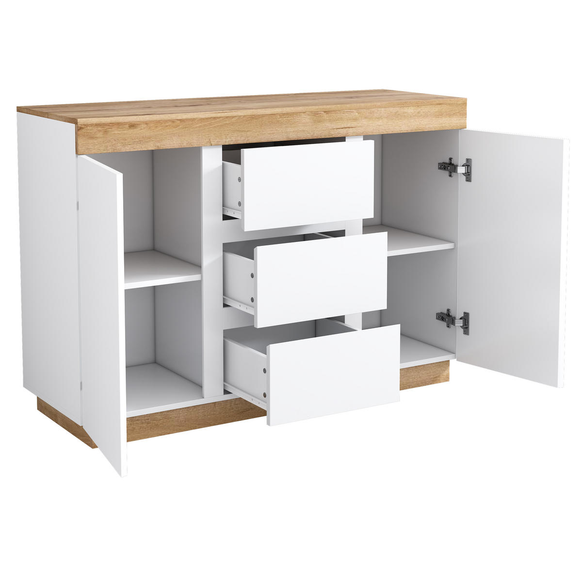 KOMODA bílá dub 120 cm 3 zásuvky 2 dvířka - bílá, kompozitní dřevo (120.5/82.5/40cm) - Urban Meuble