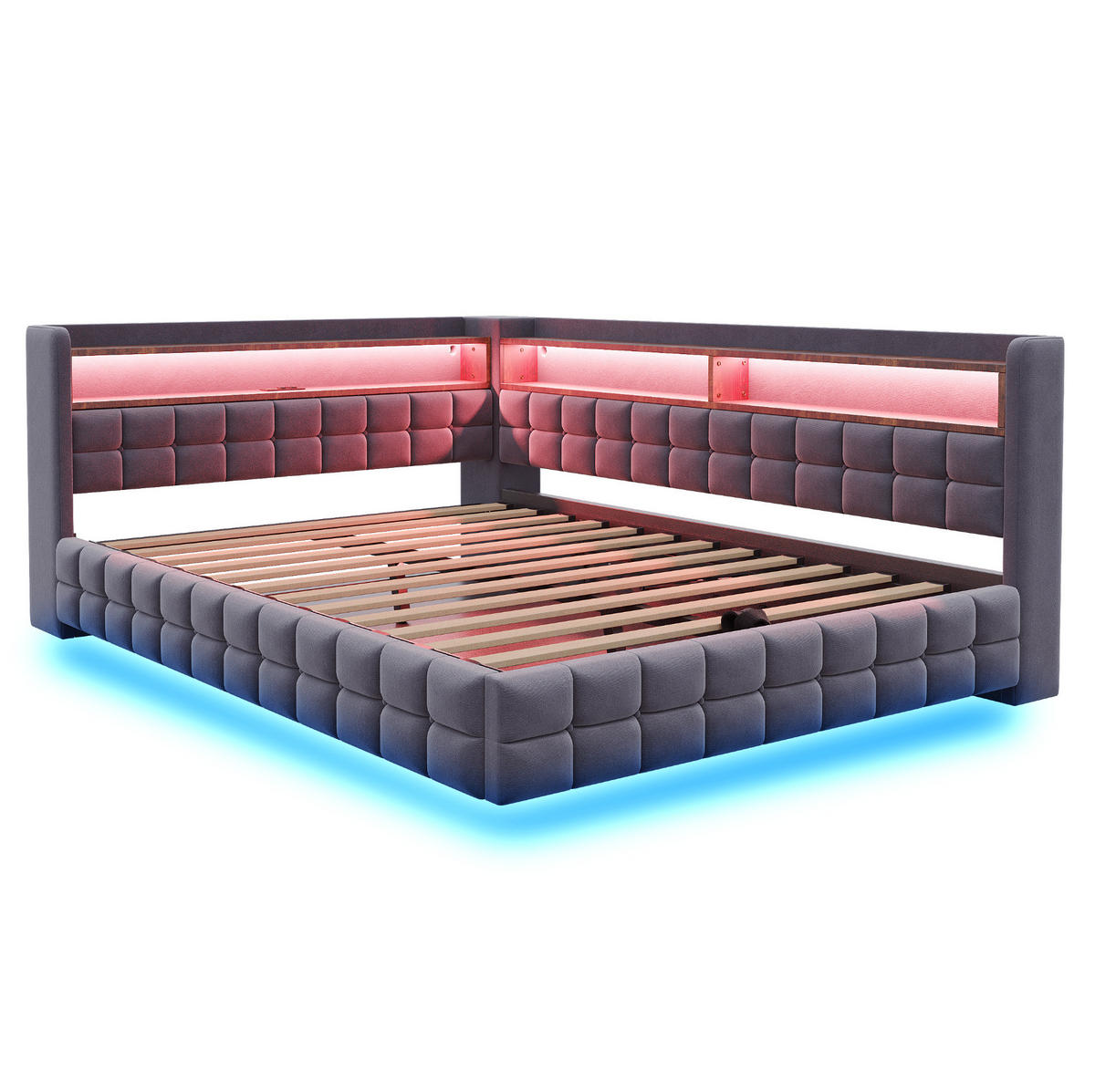 POLSTERBETT 140/200 cm aus Samt mit Stauraum, LED, USB, Grau - Grau, Textil (140/200cm) - OKMYHOME